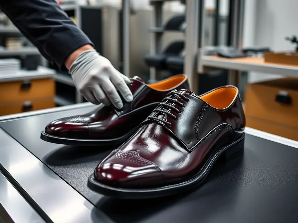 A pair of Satlayer's Luxury Leather shoes undergoing a rigorous quality control inspection, ensuring that every detail meets the brand's exacting standards.