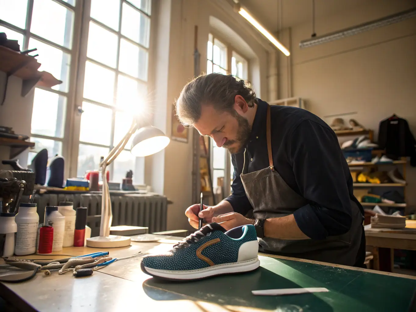 A skilled artisan carefully hand-stitching a Satlayer Luxury Leather Derby shoe, emphasizing the dedication to craftsmanship and the attention to detail that goes into each pair.