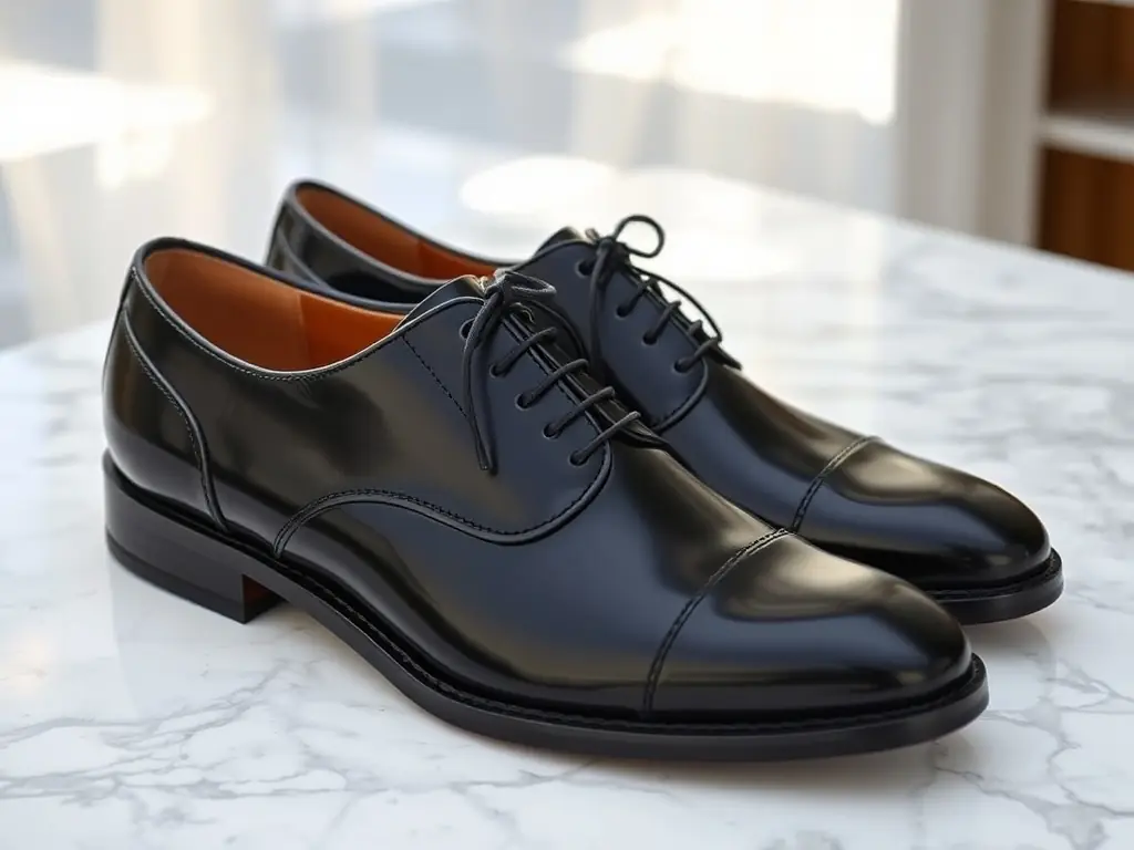 A close-up shot of a Satlayer Classic Black Oxford shoe, showcasing the fine grain of the premium leather and the precise stitching details, highlighting the quality of materials and craftsmanship.