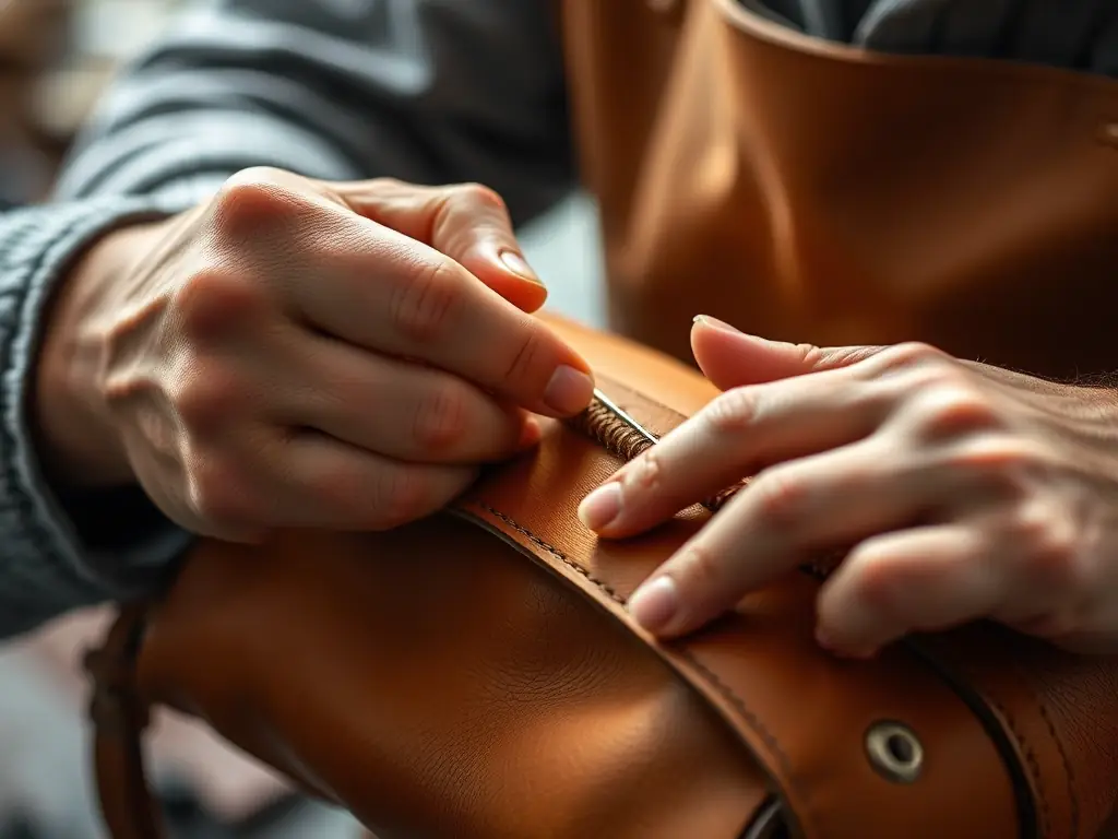 A close-up shot of a craftsman's hands meticulously stitching a piece of fine leather, showcasing the attention to detail and dedication to quality that goes into each pair of Satlayer shoes.